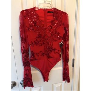 Red Sequin Low Cut Bodysuit